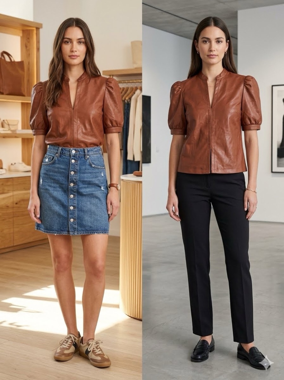 Steve Madden Chestnut Brown Faux Leather Puff-Sleeve Top